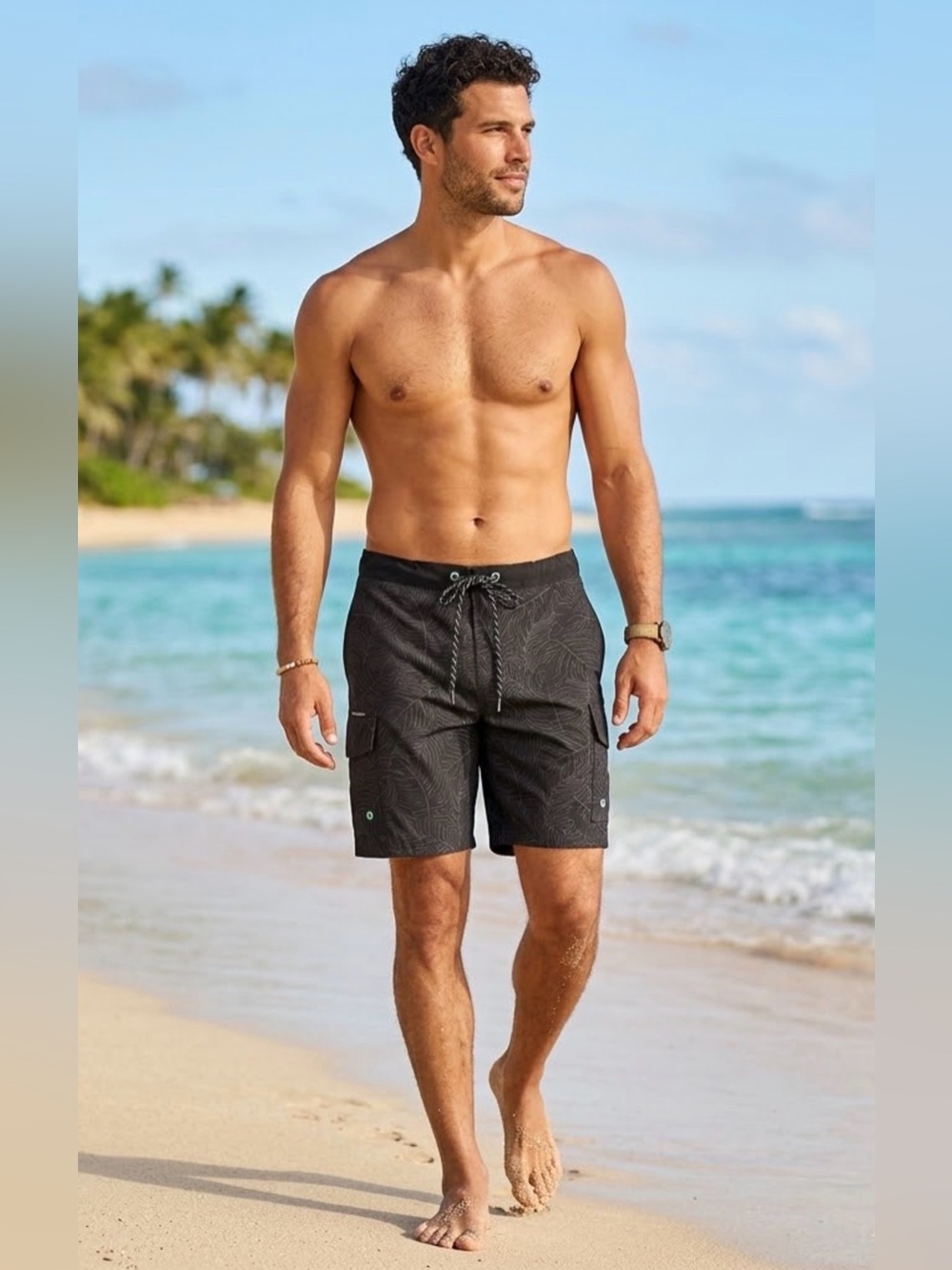NWT- Zeroxposur Men's Black Swim Trunks with Subtle Tropical Pattern - Size S